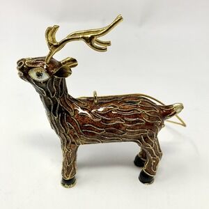 POTTERY BARN Cloisonné Style Enamel Reindeer 4" Christmas Ornament Gold Details